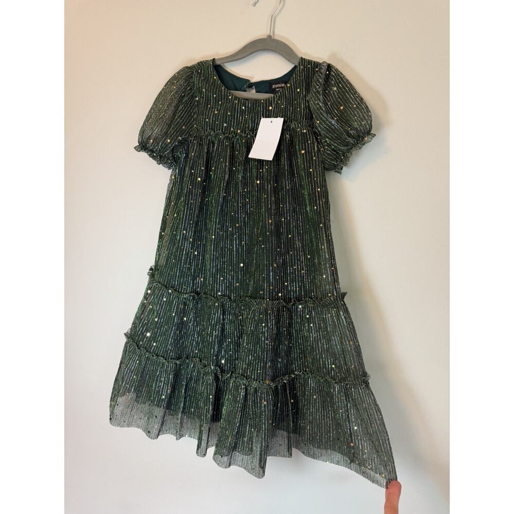 ZUNIE Kids' Plissé Metallic Babydoll Dress Green File Sz 6X NWT